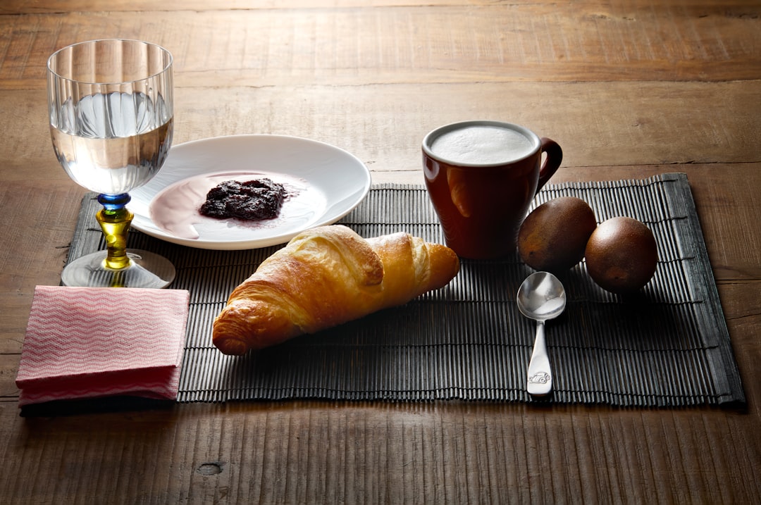 Breakfast is set with food and drink.