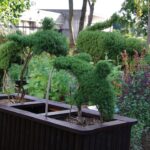 Hochmodernes Metall-Hochbeet mit dunklem, witterungsbeständigem Rahmen, bepflanzt mit frischen Kräutern und Salat, in einem sonnigen Garten.