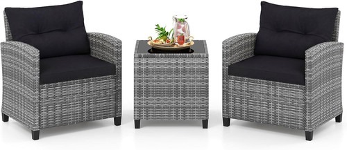 3-TLG. Rattan Gartenmöbel Set, 2 Gartensessel